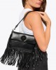 Kurt Geiger Oxford Glasto Fringe Black Leather Τσάντα Ώμου