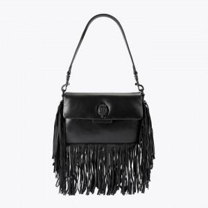 Kurt Geiger Oxford Glasto Fringe Black Leather Τσάντα Ώμου