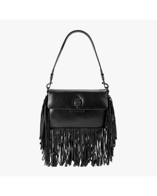 Kurt Geiger Oxford Glasto Fringe Black Leather Τσάντα Ώμου