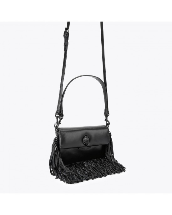 Kurt Geiger Oxford Glasto Fringe Black Leather Τσάντα Ώμου