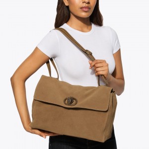Kurt Geiger Chelsea Large Slouch Flap Tan Suede Τσάντα Ώμου