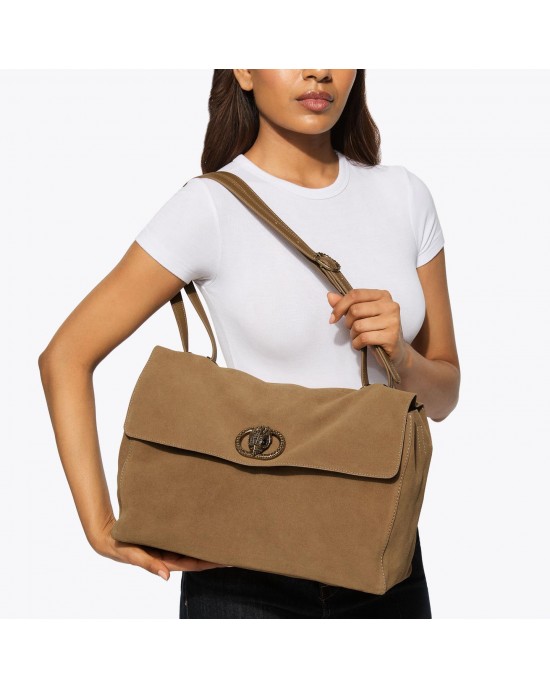 Kurt Geiger Chelsea Large Slouch Flap Tan Suede Τσάντα Ώμου