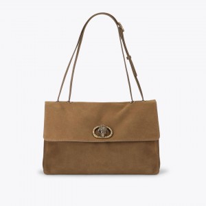 Kurt Geiger Chelsea Large Slouch Flap Tan Suede Τσάντα Ώμου