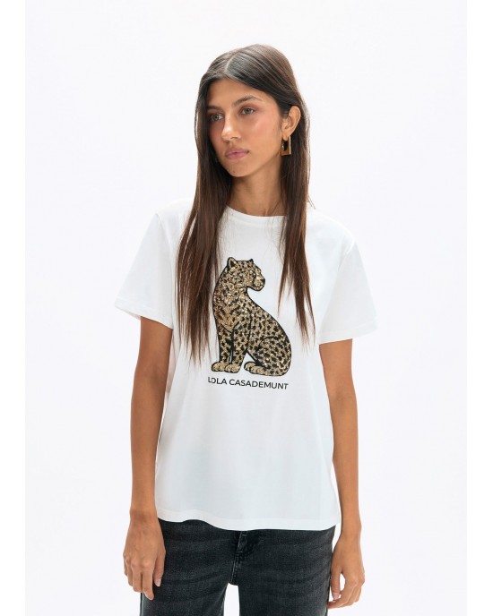 Lola Casademunt Leopard Sequin T-shirt White Μπλούζα