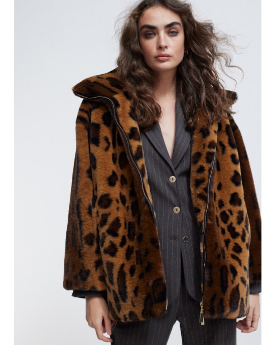 Lola Casademunt Animal Print Faux Fur Black/Brown Μπουφάν