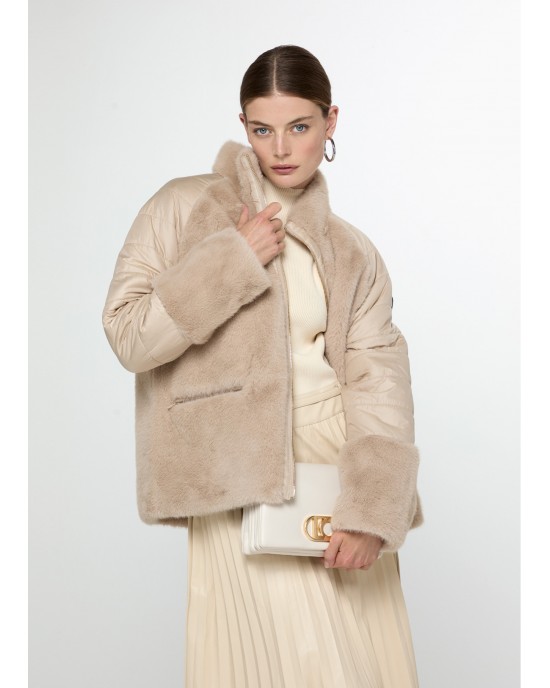 Lola Casademunt Fur Feather Combo Ecru Παλτό