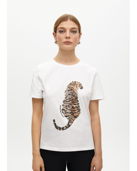 Lola Casademunt Tiger Sequin T-Shirt White Μπλούζα Lola Casademunt Tiger Sequin T-Shirt White Μπλούζα