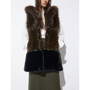 Lola Casademunt Tricolor Faux Fur Midi Vest Animal Print Stud Details Γιλέκο