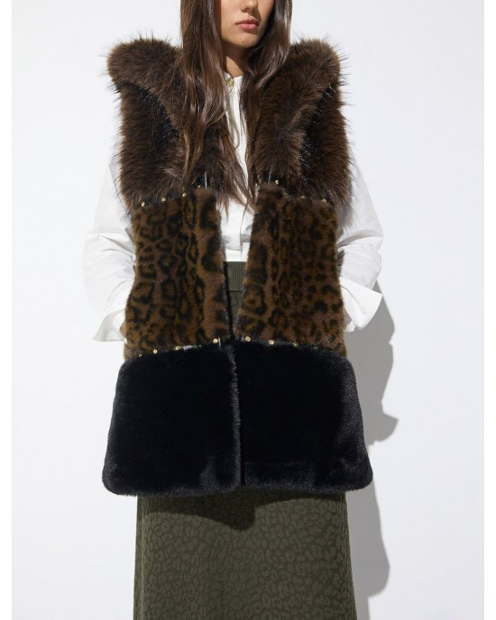 Lola Casademunt Tricolor Faux Fur Midi Vest Animal Print Stud Details Γιλέκο