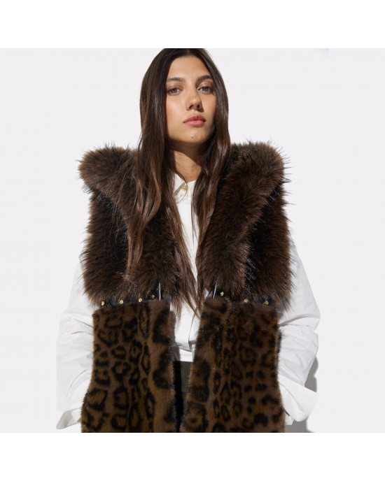 Lola Casademunt Tricolor Faux Fur Midi Vest Animal Print Stud Details Γιλέκο
