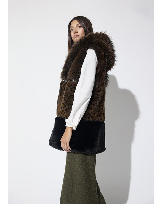 Lola Casademunt Tricolor Faux Fur Midi Vest Animal Print Stud Details Γιλέκο