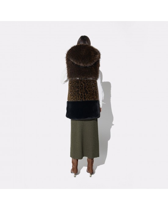 Lola Casademunt Tricolor Faux Fur Midi Vest Animal Print Stud Details Γιλέκο