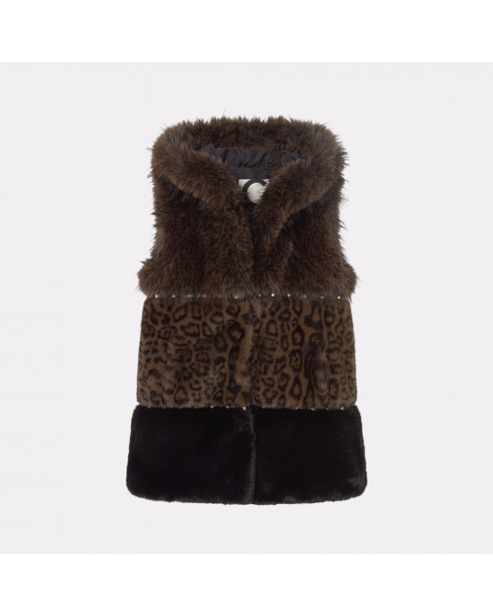 Lola Casademunt Tricolor Faux Fur Midi Vest Animal Print Stud Details Γιλέκο