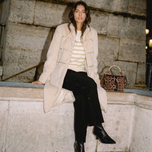 Lola Casademunt Faux Fur Long Hair Stud Details Beige Παλτό