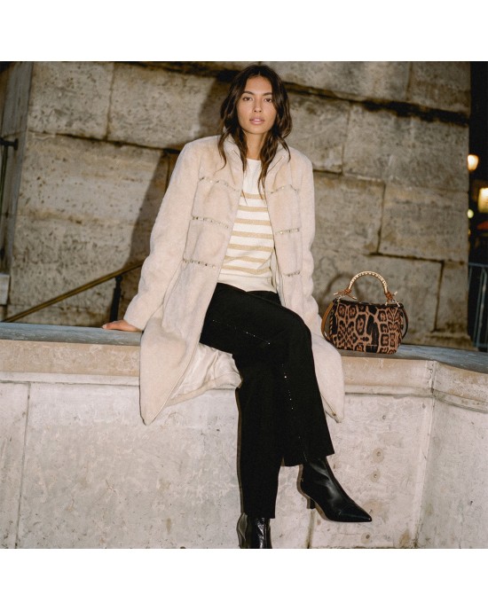 Lola Casademunt Faux Fur Long Hair Stud Details Beige Παλτό