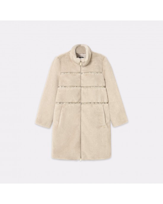 Lola Casademunt Faux Fur Long Hair Stud Details Beige Παλτό