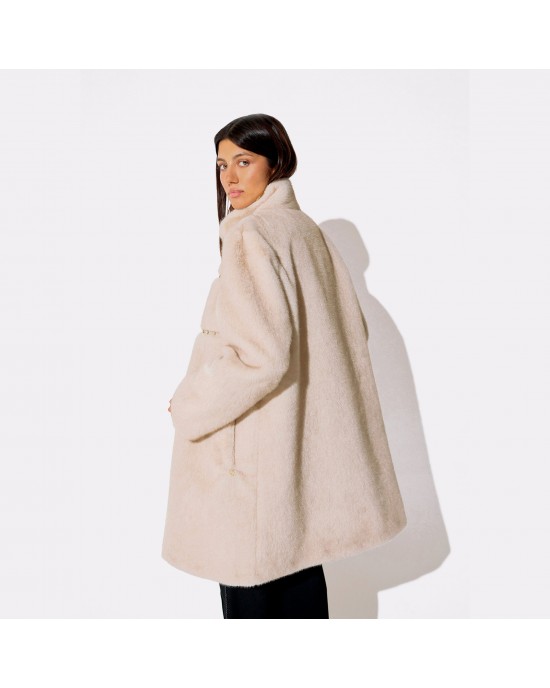 Lola Casademunt Faux Fur Long Hair Stud Details Beige Παλτό