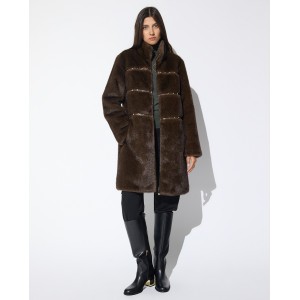 Lola Casademunt Faux Fur Long Hair Stud Details Brown Παλτό