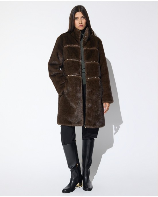 Lola Casademunt Faux Fur Long Hair Stud Details Brown Παλτό