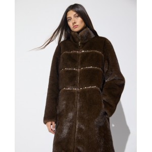 Lola Casademunt Faux Fur Long Hair Stud Details Brown Παλτό