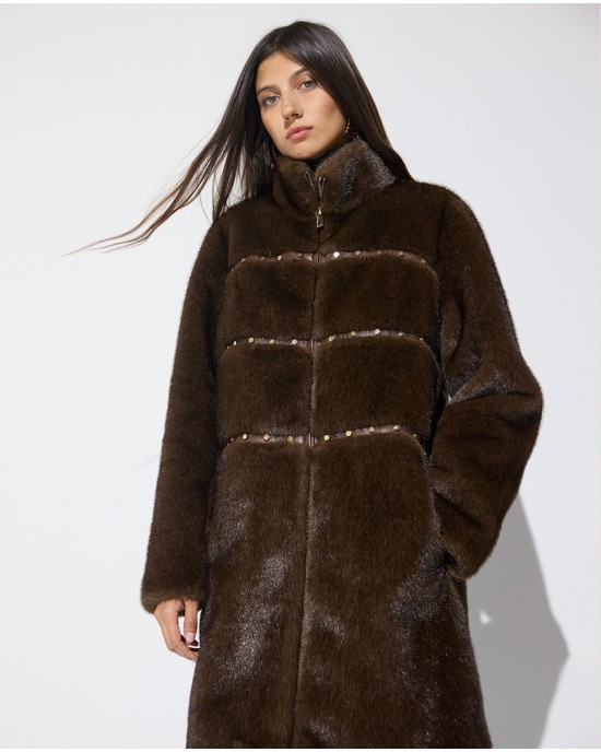 Lola Casademunt Faux Fur Long Hair Stud Details Brown Παλτό