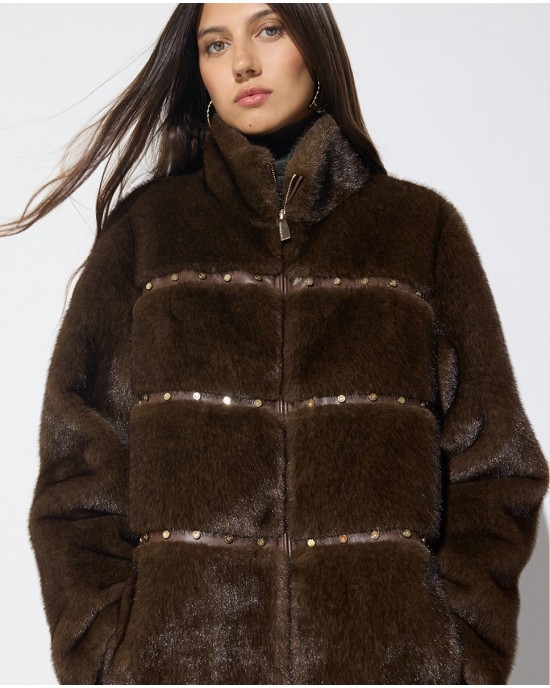 Lola Casademunt Faux Fur Long Hair Stud Details Brown Παλτό