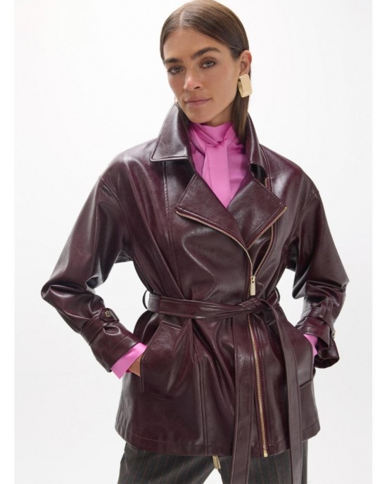 Lola Casademunt Long Faux Leather Bordeaux Biker Τζάκετ