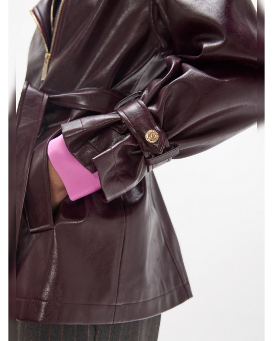 Lola Casademunt Long Faux Leather Bordeaux Biker Τζάκετ