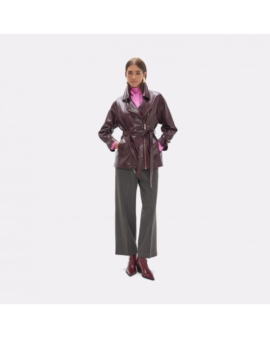 Lola Casademunt Long Faux Leather Bordeaux Biker Τζάκετ