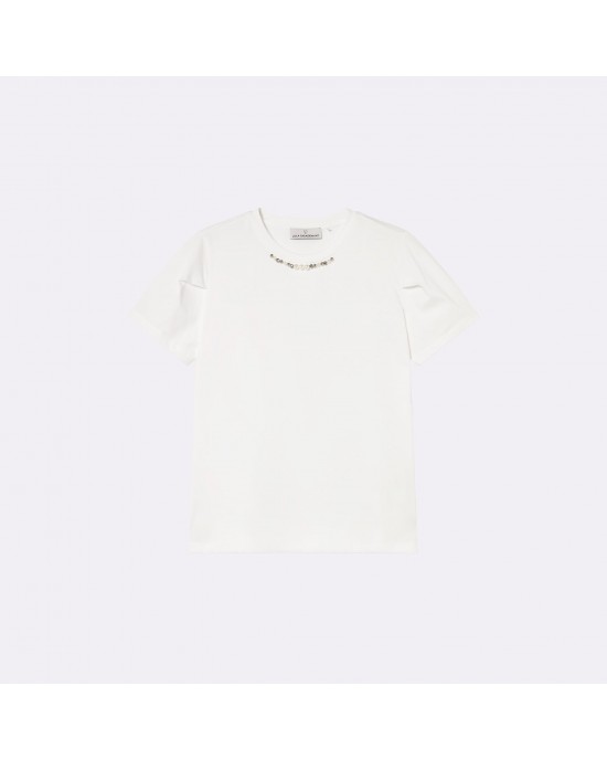 Lola Casademunt Pearl Details White T-shirt Μπλούζα