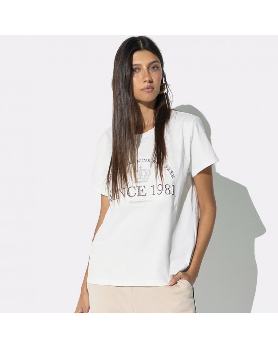 Lola Casademunt Rhinestones & Studs White T-shirt Μπλούζα