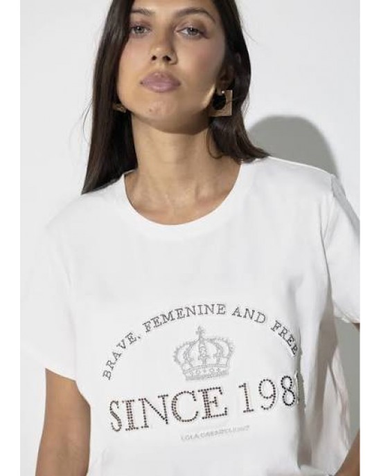 Lola Casademunt Rhinestones & Studs White T-shirt Μπλούζα