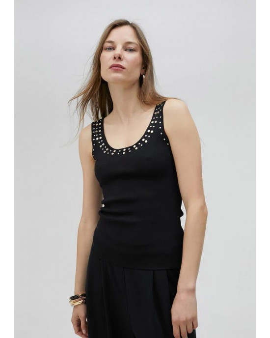 Lola Casademunt Knit Top With Rhinestones Black Μπλούζα