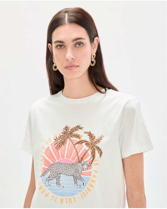 Lola Casademunt Animal Print T-Shirt Palm Trees White Μπλούζα
