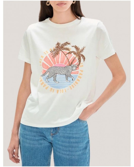 Lola Casademunt Animal Print T-Shirt Palm Trees White Μπλούζα