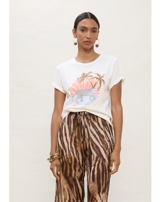 Lola Casademunt Animal Print T-Shirt Palm Trees White Μπλούζα