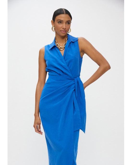 Lola Casademunt Linen With Shirt Collar & Side Knot Blue Φόρεμα