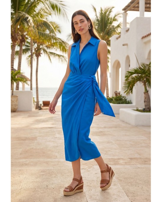 Lola Casademunt Linen With Shirt Collar & Side Knot Blue Φόρεμα