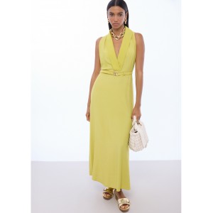 Lola Casademunt V-neck With Buckle Waist Lime Green Φόρεμα