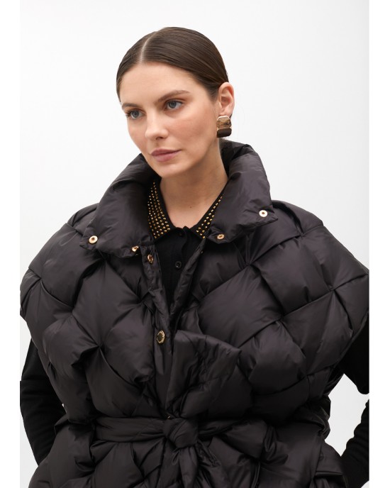 Lola Casademunt Braided Padded Vest With Belt Black Παλτό Lola Casademunt Braided Padded Vest With Belt Black Παλτό