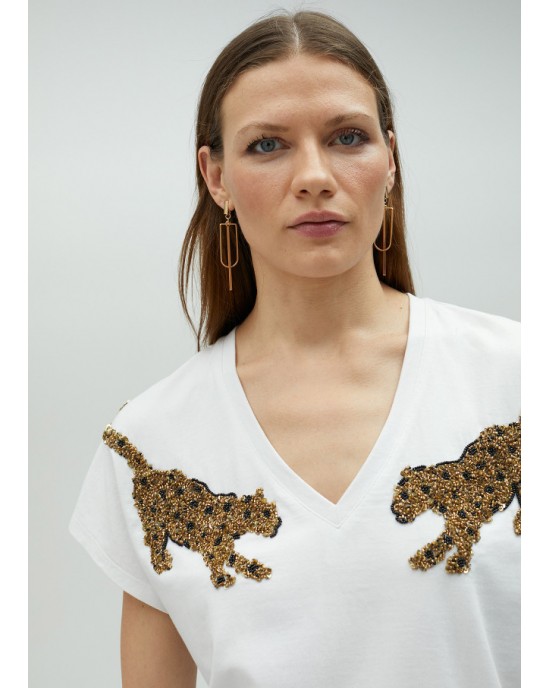 Lola Casademunt T-Shirt With Rhinestone Tigers White Μπλούζα