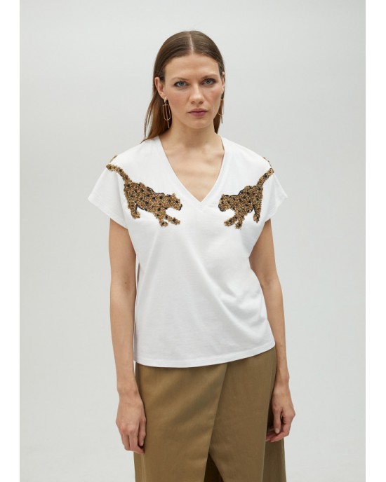 Lola Casademunt T-Shirt With Rhinestone Tigers White Μπλούζα