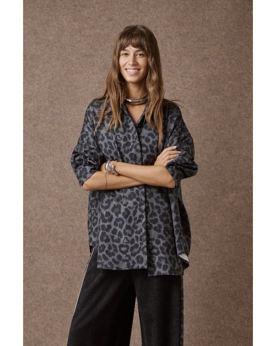 Mamoush Doris Grey/Animal Print Oversized Πουκάμισο