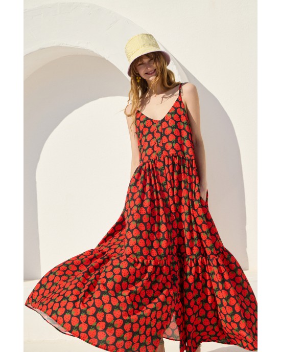Mamoush Fotini Black Strawberries Maxi Φόρεμα