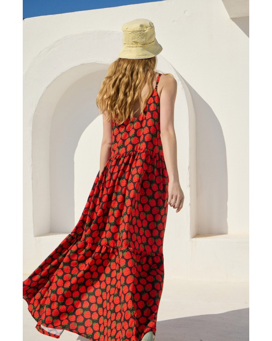 Mamoush Fotini Black Strawberries Maxi Φόρεμα