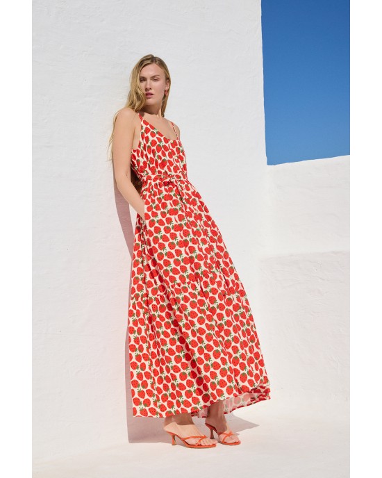 Mamoush Fotini Ecru Strawberries Maxi Φόρεμα
