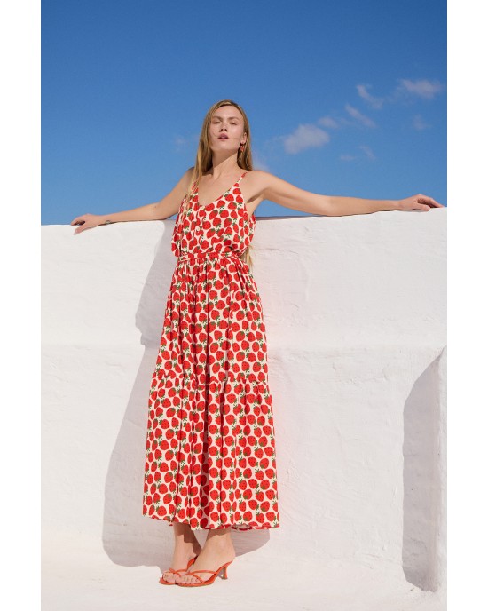 Mamoush Fotini Ecru Strawberries Maxi Φόρεμα