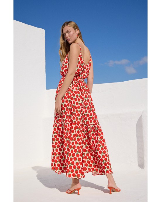 Mamoush Fotini Ecru Strawberries Maxi Φόρεμα