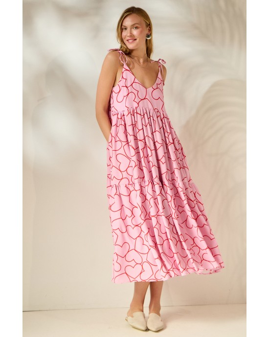 Mamoush Julianna Pink Hearts Midi Φόρεμα