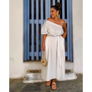 MAMOUSH One Shoulder Midi White Φόρεμα